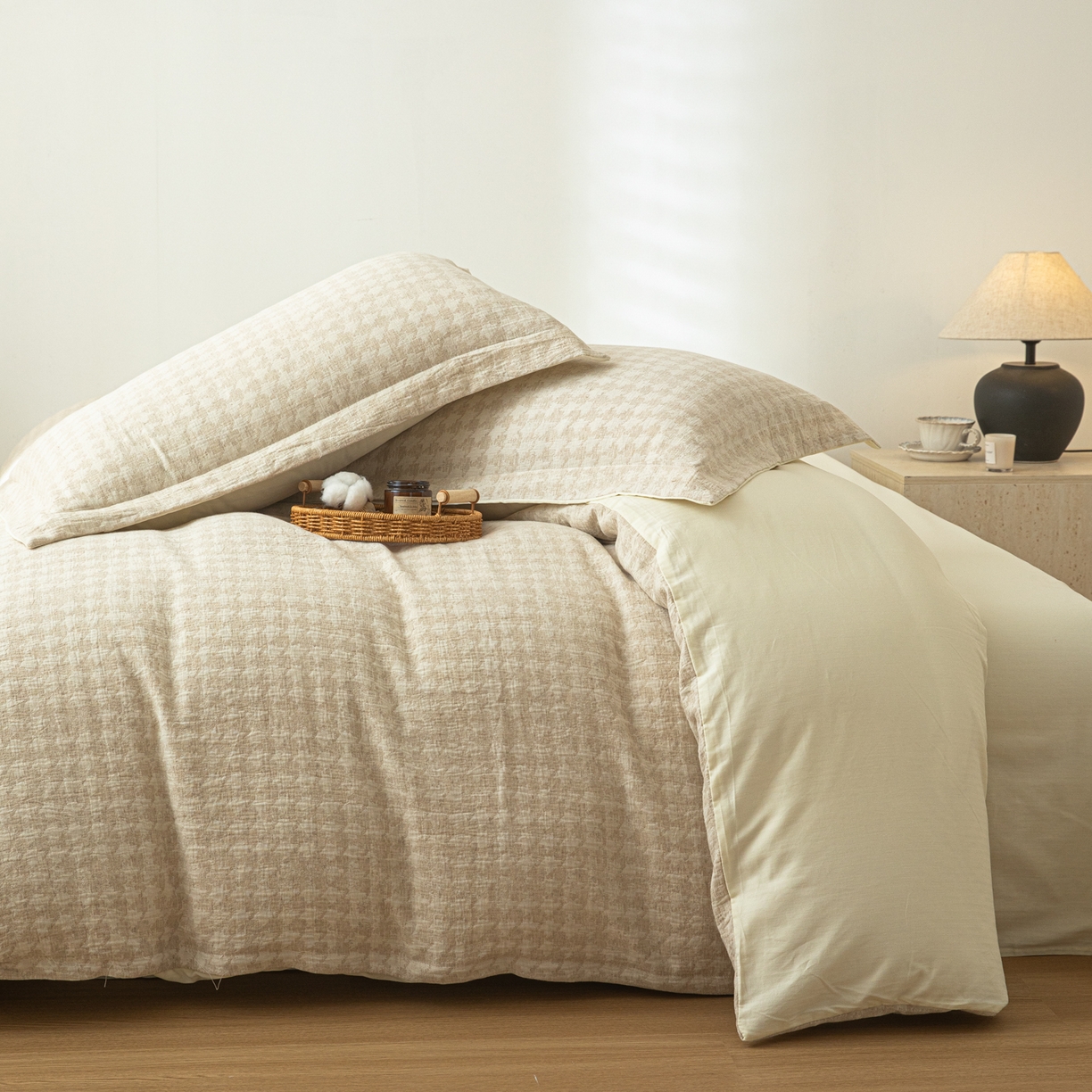 91家纺网 家纺一手货源 找家纺 眠博士 2025新款AB面40支棉麻色织提花四件套 棉麻套件-千鸟格