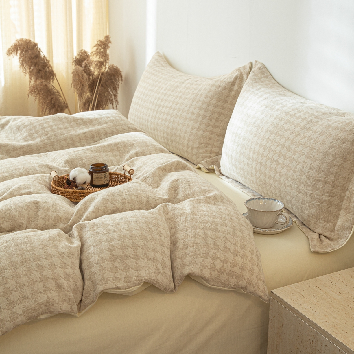 91家纺网 家纺一手货源 找家纺 眠博士 2025新款AB面40支棉麻色织提花四件套 棉麻套件-千鸟格