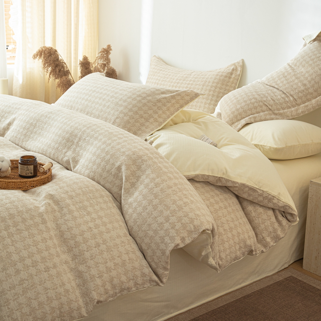 91家纺网 家纺一手货源 找家纺 眠博士 2025新款AB面40支棉麻色织提花四件套 棉麻套件-千鸟格