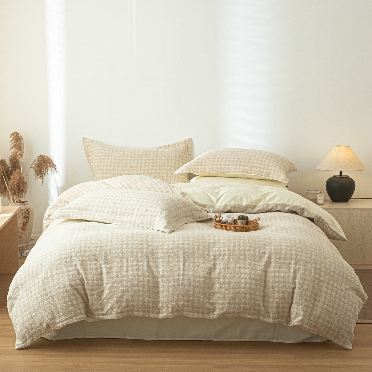 91家纺网 家纺一手货源 找家纺 眠博士 2025新款AB面40支棉麻色织提花四件套 棉麻套件-千鸟格