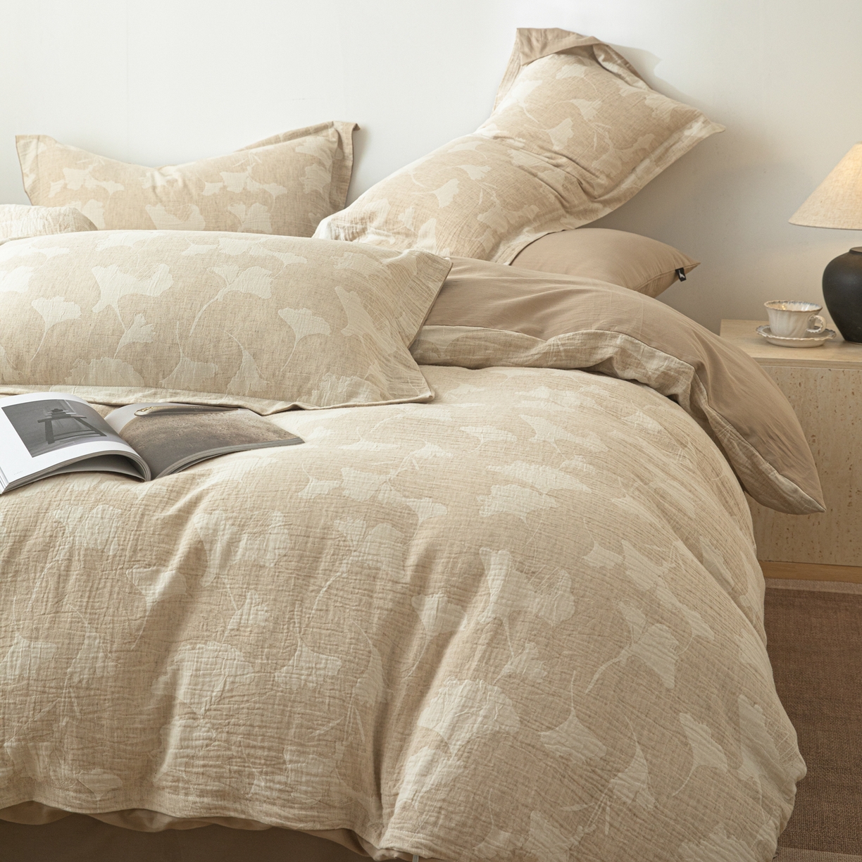 91家纺网 家纺一手货源 找家纺 眠博士 2025新款AB面40支棉麻色织提花四件套 棉麻套件-银杏叶