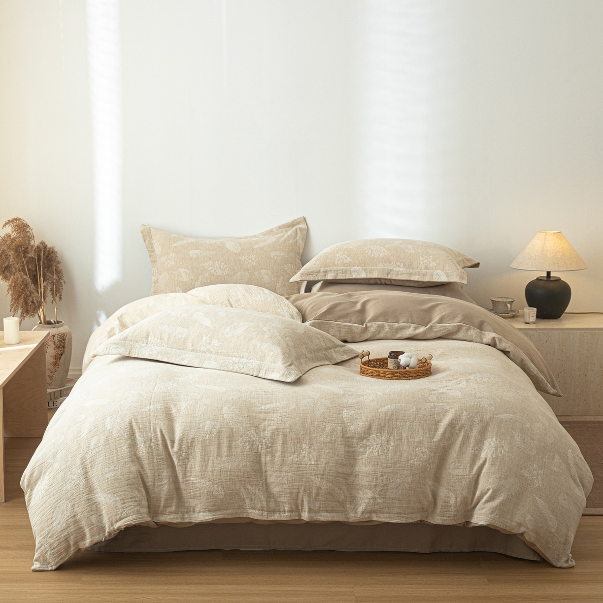 91家纺网 家纺一手货源 找家纺 眠博士 2025新款AB面40支棉麻色织提花四件套 棉麻套件-丛境花语