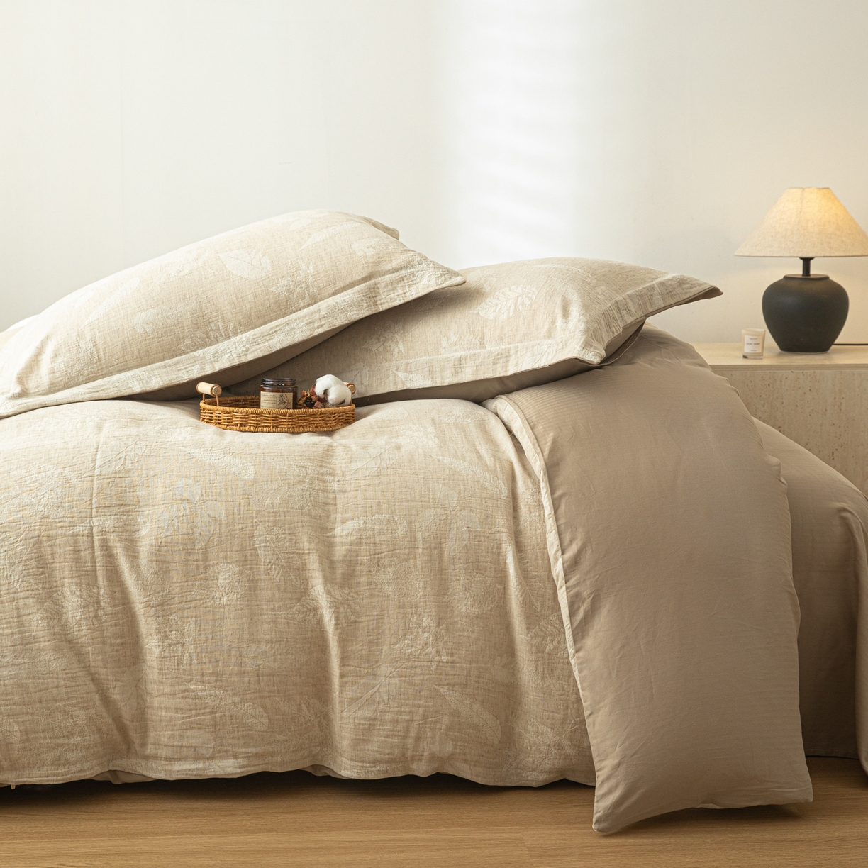 91家纺网 家纺一手货源 找家纺 眠博士 2025新款AB面40支棉麻色织提花四件套 棉麻套件-丛境花语