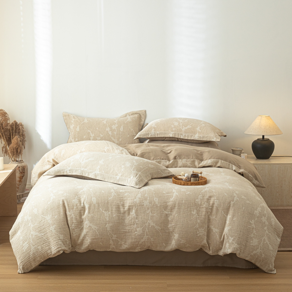 91家纺网 家纺一手货源 找家纺 眠博士 2025新款AB面40支棉麻色织提花四件套 棉麻套件-摇影