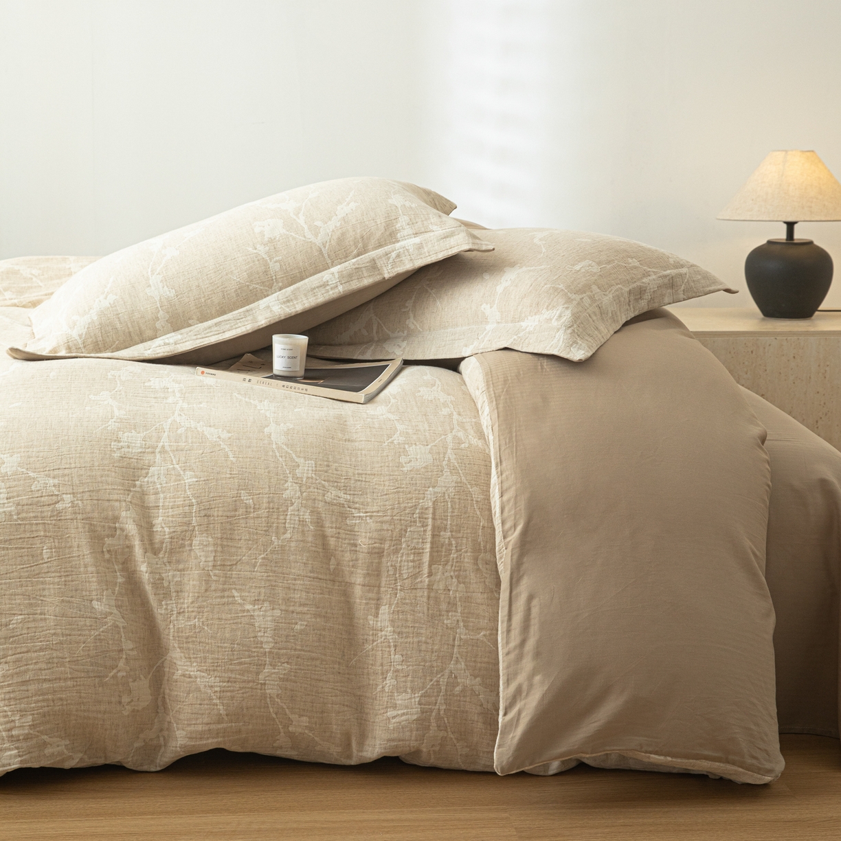 91家纺网 家纺一手货源 找家纺 眠博士 2025新款AB面40支棉麻色织提花四件套 棉麻套件-摇影