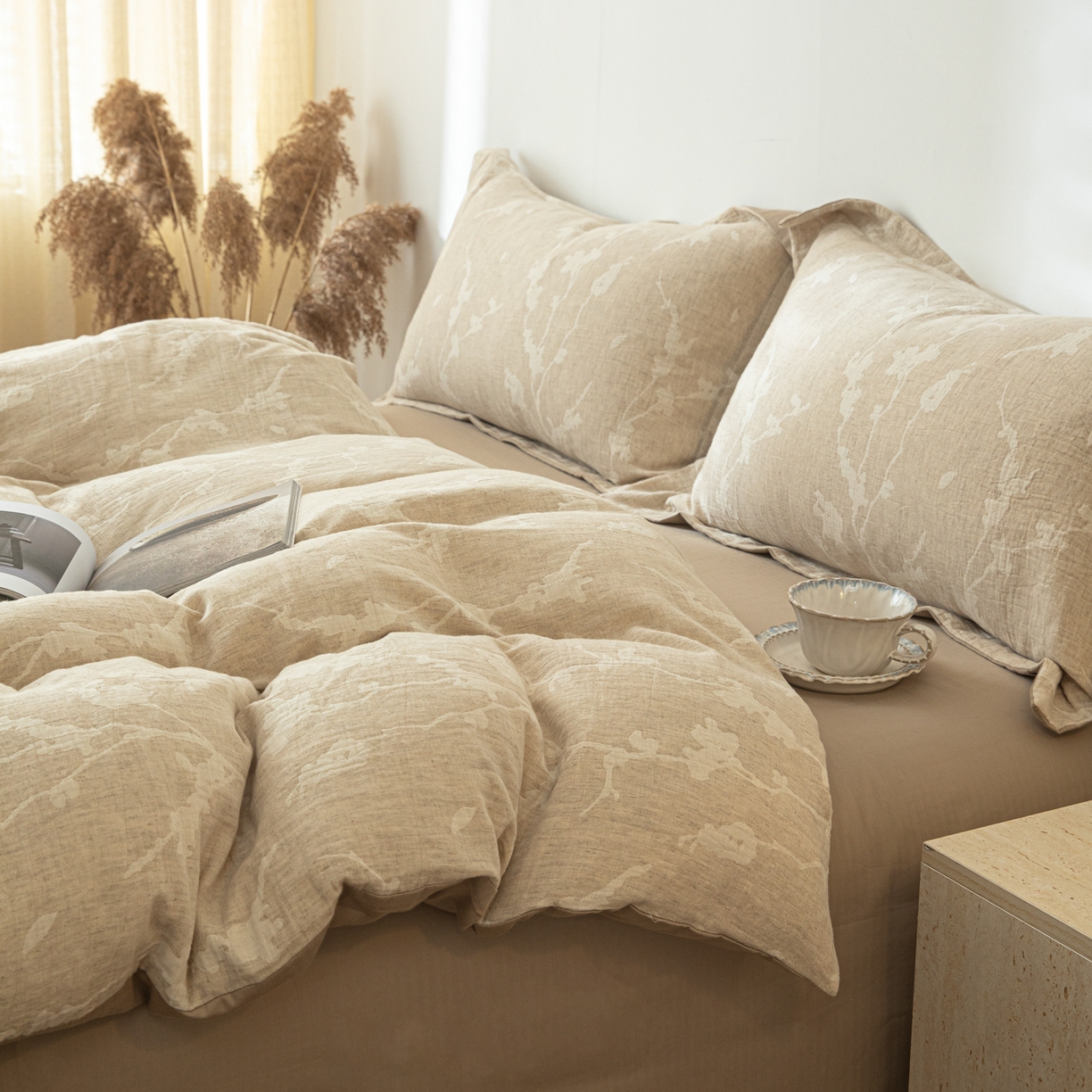 91家纺网 家纺一手货源 找家纺 眠博士 2025新款AB面40支棉麻色织提花四件套 棉麻套件-摇影