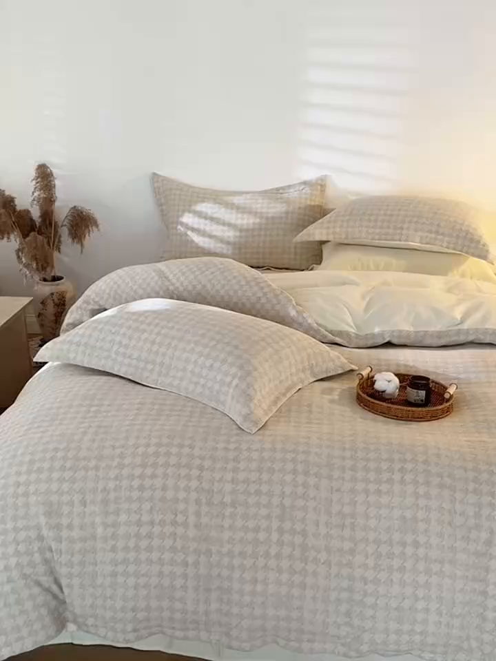 91家纺网 家纺一手货源 找家纺 眠博士 2025新款AB面40支棉麻色织提花四件套 棉麻套件-千鸟格