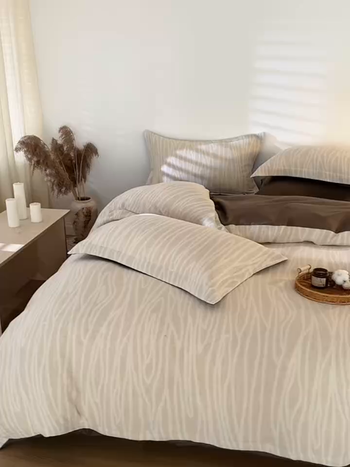 91家纺网 家纺一手货源 找家纺 眠博士 2025新款AB面40支棉麻色织提花四件套 棉麻套件-树纹棕