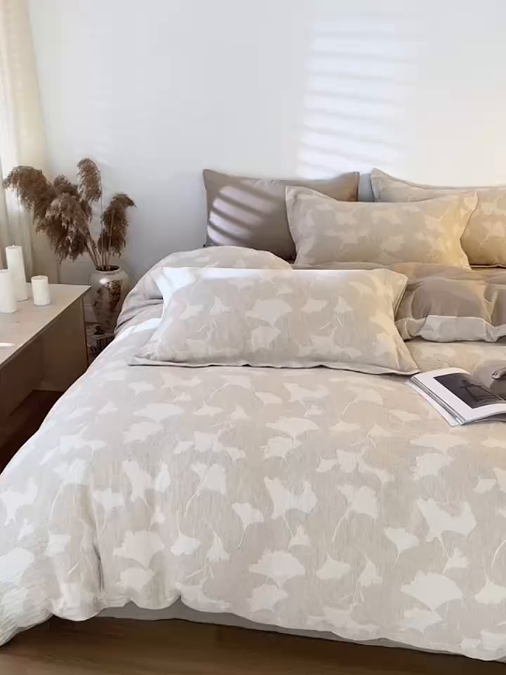 91家纺网 家纺一手货源 找家纺 眠博士 2025新款AB面40支棉麻色织提花四件套 棉麻套件-银杏叶