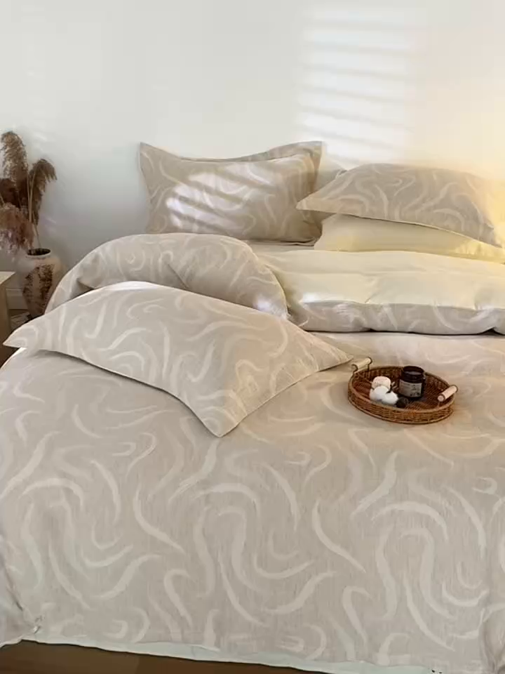 91家纺网 家纺一手货源 找家纺 眠博士 2025新款AB面40支棉麻色织提花四件套 棉麻套件-灵韵