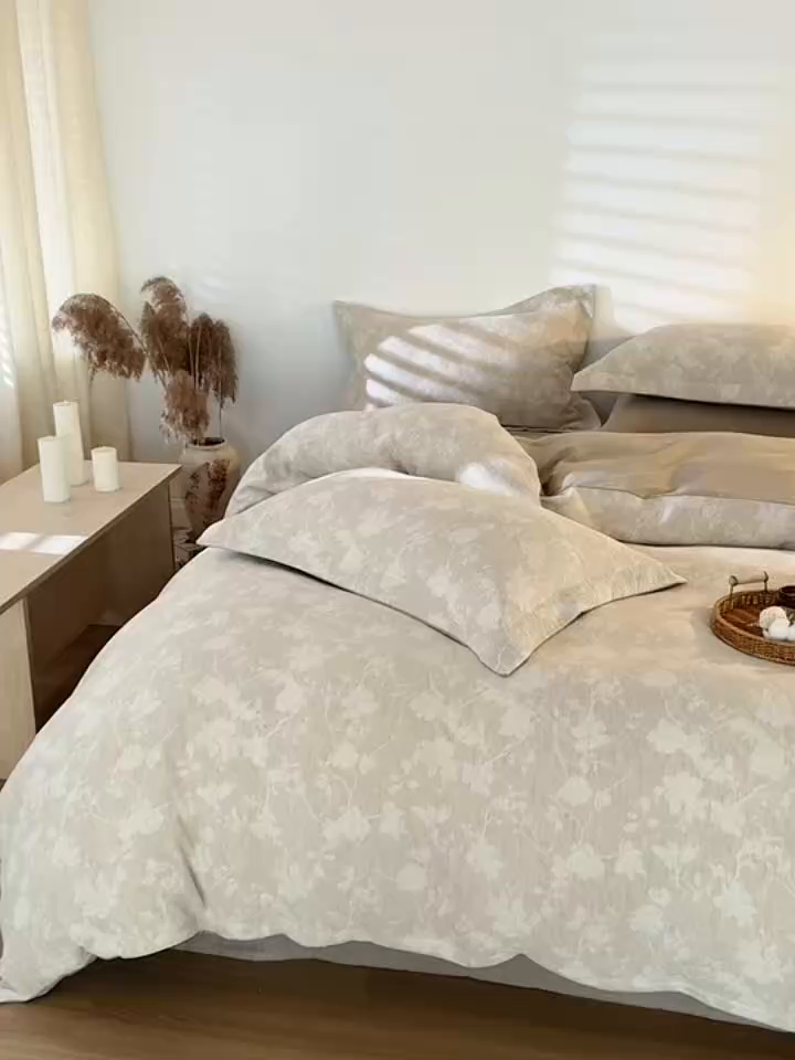 91家纺网 家纺一手货源 找家纺 眠博士 2025新款AB面40支棉麻色织提花四件套 棉麻套件-蓝聆花