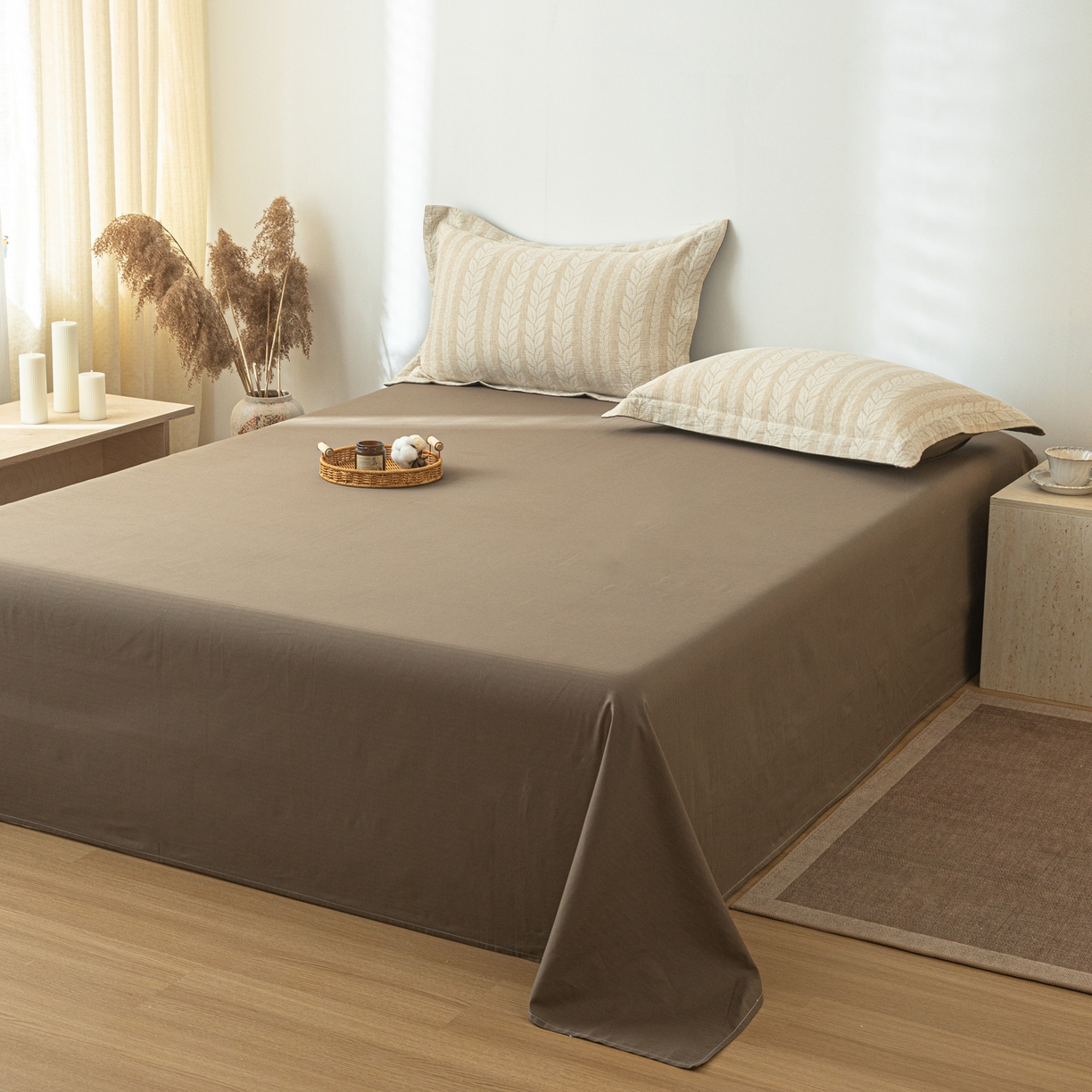 91家纺网 家纺一手货源 找家纺 眠博士 2025新款AB面40支棉麻色织提花四件套 棉麻套件-大麦棕