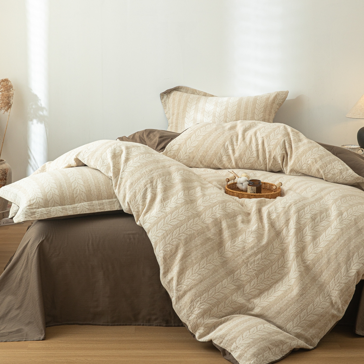 91家纺网 家纺一手货源 找家纺 眠博士 2025新款AB面40支棉麻色织提花四件套 棉麻套件-大麦棕