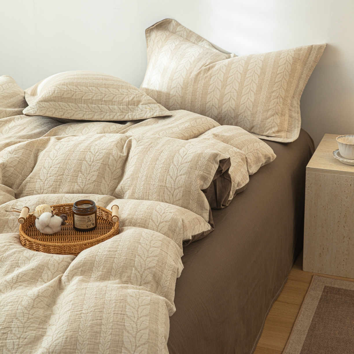 91家纺网 家纺一手货源 找家纺 眠博士 2025新款AB面40支棉麻色织提花四件套 棉麻套件-大麦棕