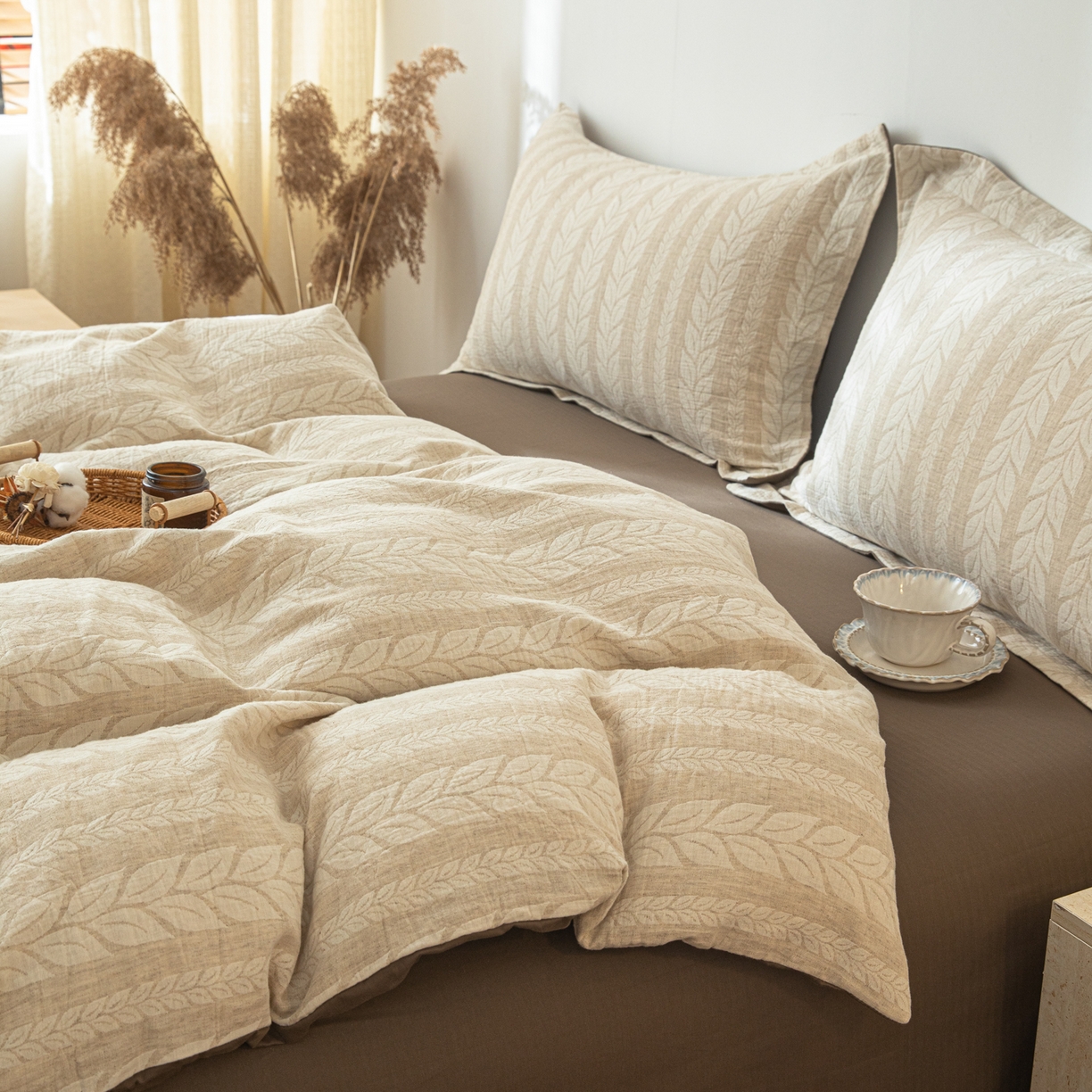 91家纺网 家纺一手货源 找家纺 眠博士 2025新款AB面40支棉麻色织提花四件套 棉麻套件-大麦棕