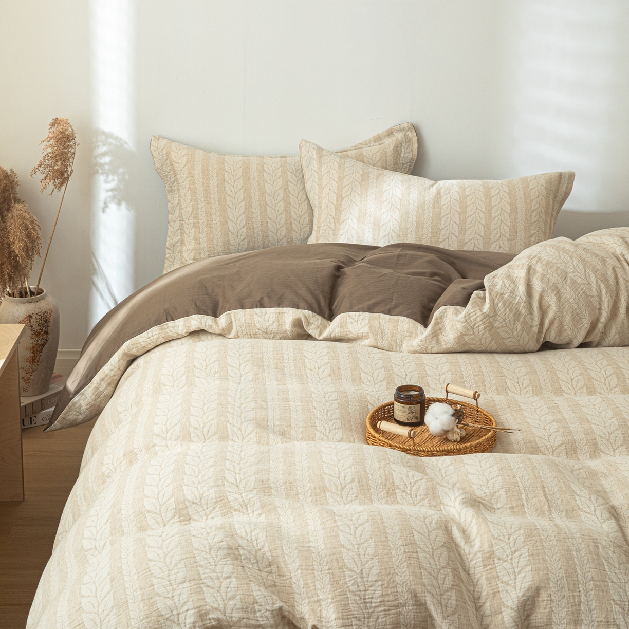 91家纺网 家纺一手货源 找家纺 眠博士 2025新款AB面40支棉麻色织提花四件套 棉麻套件-大麦棕