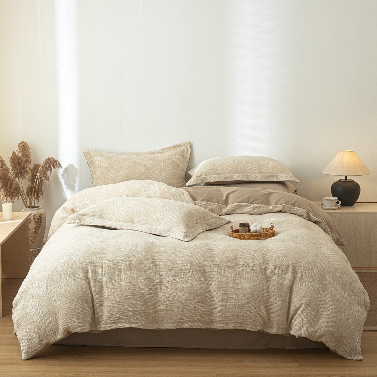 91家纺网 家纺一手货源 找家纺 眠博士 2025新款AB面40支棉麻色织提花四件套 棉麻套件-花梦如聆