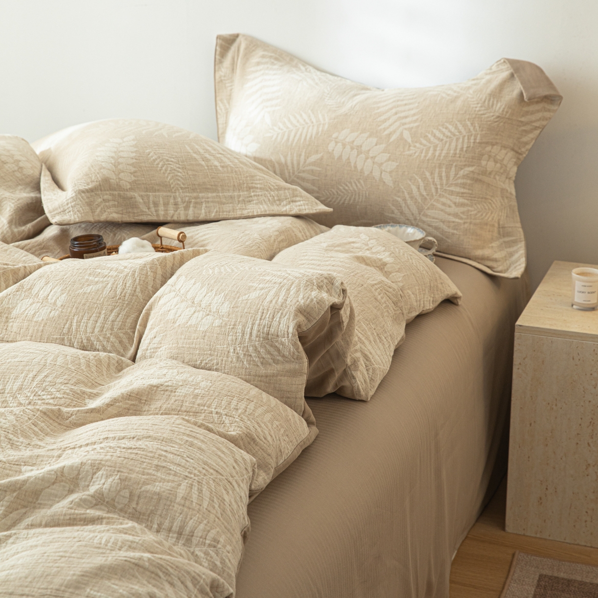 91家纺网 家纺一手货源 找家纺 眠博士 2025新款AB面40支棉麻色织提花四件套 棉麻套件-花梦如聆