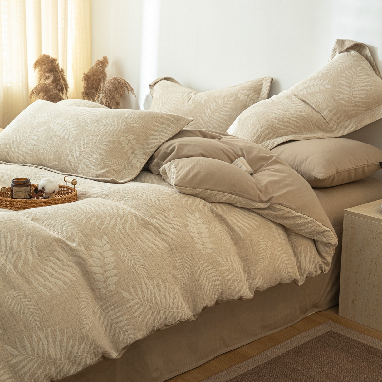 91家纺网 家纺一手货源 找家纺 眠博士 2025新款AB面40支棉麻色织提花四件套 棉麻套件-花梦如聆