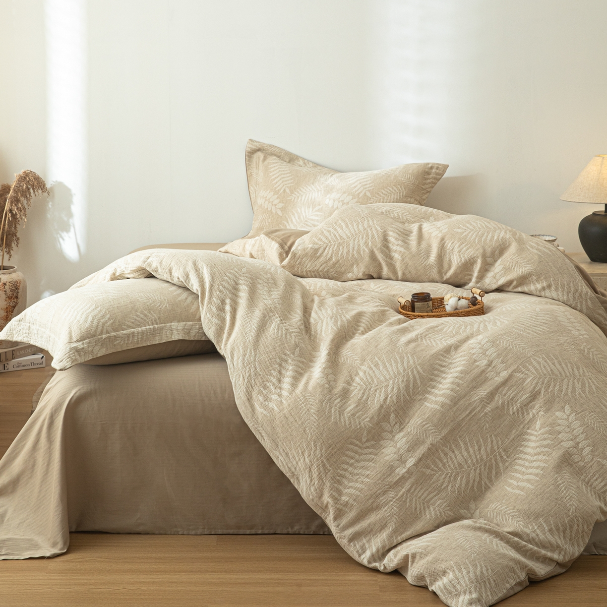 91家纺网 家纺一手货源 找家纺 眠博士 2025新款AB面40支棉麻色织提花四件套 棉麻套件-花梦如聆