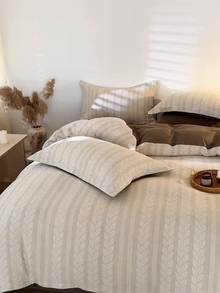 91家纺网 家纺一手货源 找家纺 眠博士 2025新款AB面40支棉麻色织提花四件套 棉麻套件-大麦棕