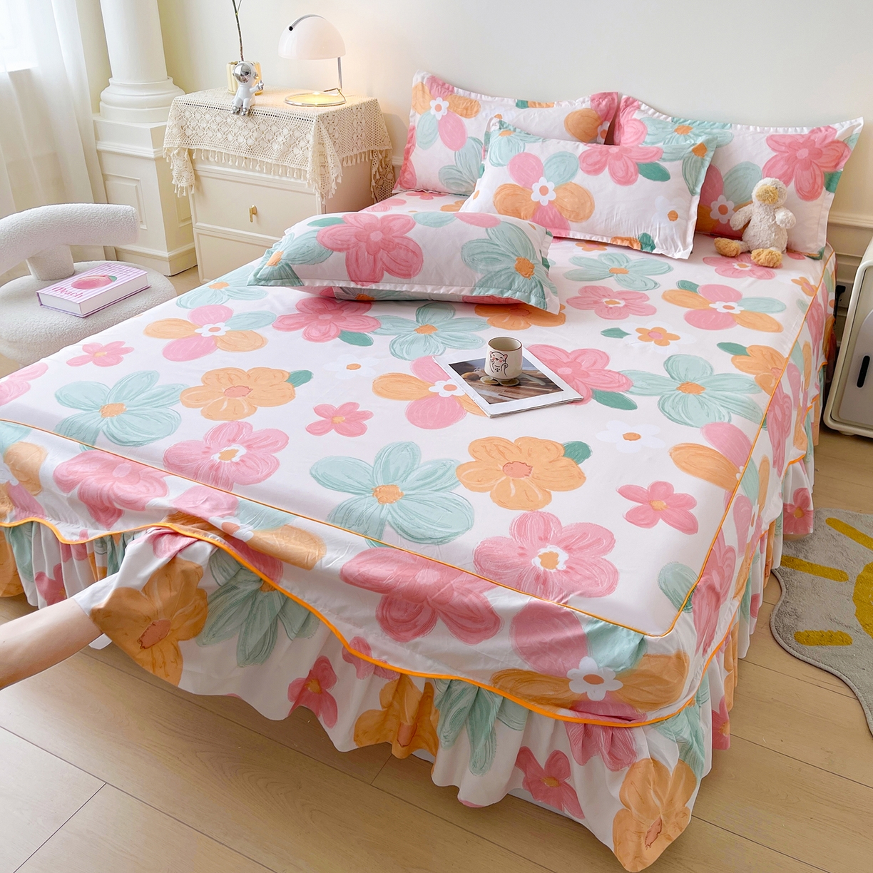 91家纺网 家纺一手货源 找家纺 笠裙家纺 2025新款磨毛S边韩版防滑床裙单床裙床裙单件 美好