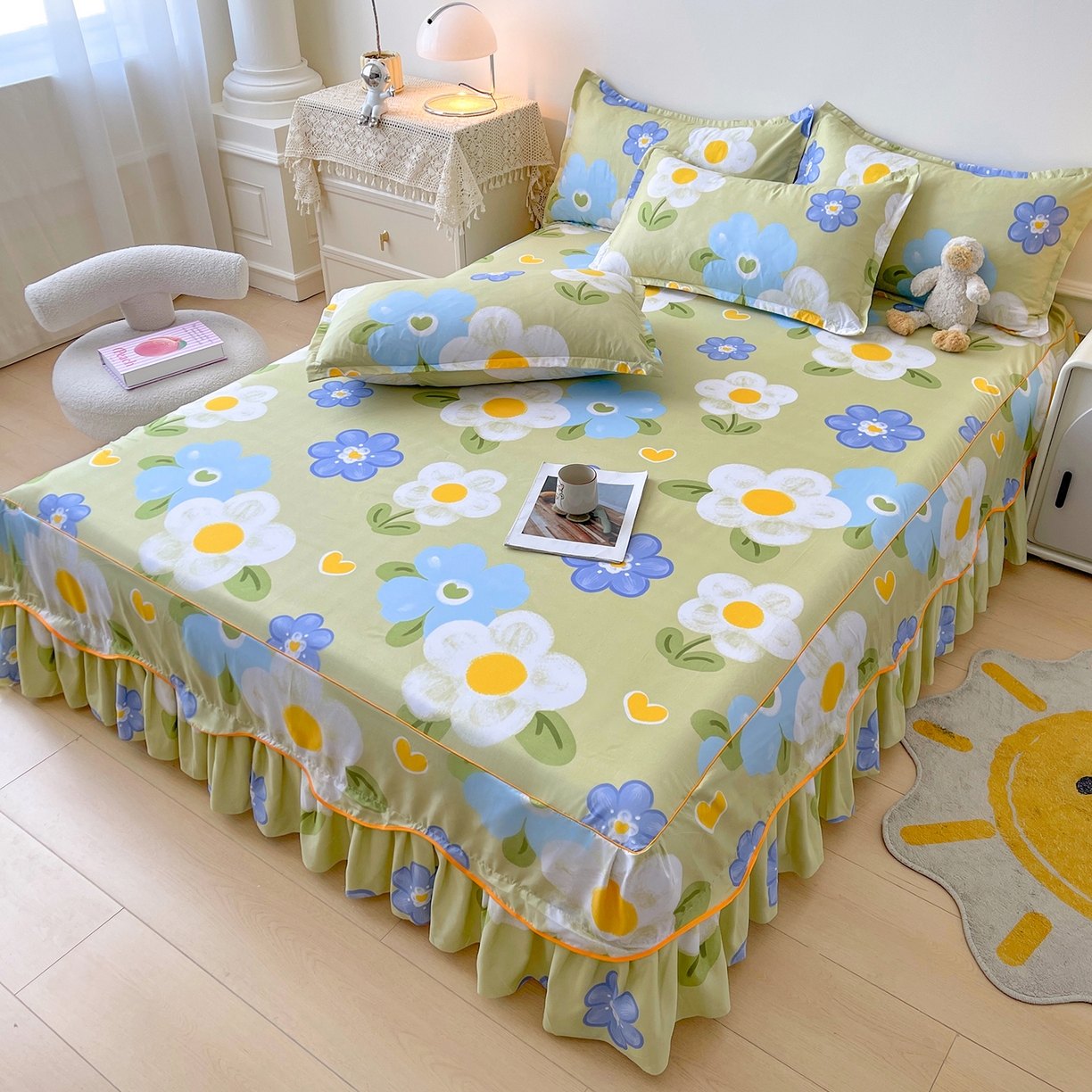 91家纺网 家纺一手货源 找家纺 笠裙家纺 2025新款磨毛S边韩版防滑床裙单床裙床裙单件 花爱