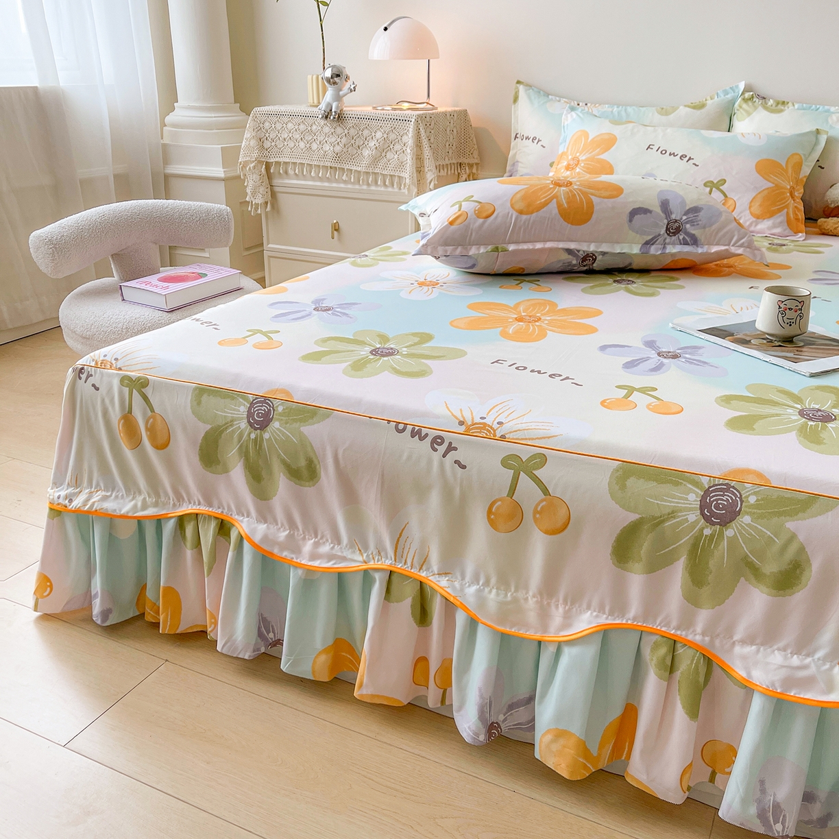 91家纺网 家纺一手货源 找家纺 笠裙家纺 2025新款磨毛S边韩版防滑床裙单床裙床裙单件 浅花