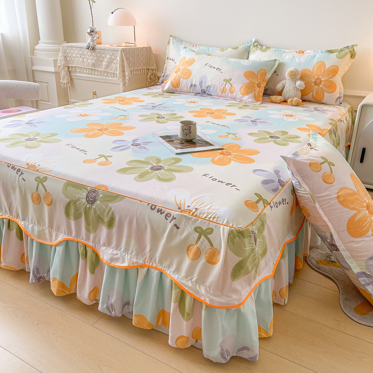 笠裙家纺 2025新款磨毛S边韩版防滑床裙单床裙床裙单件 浅花