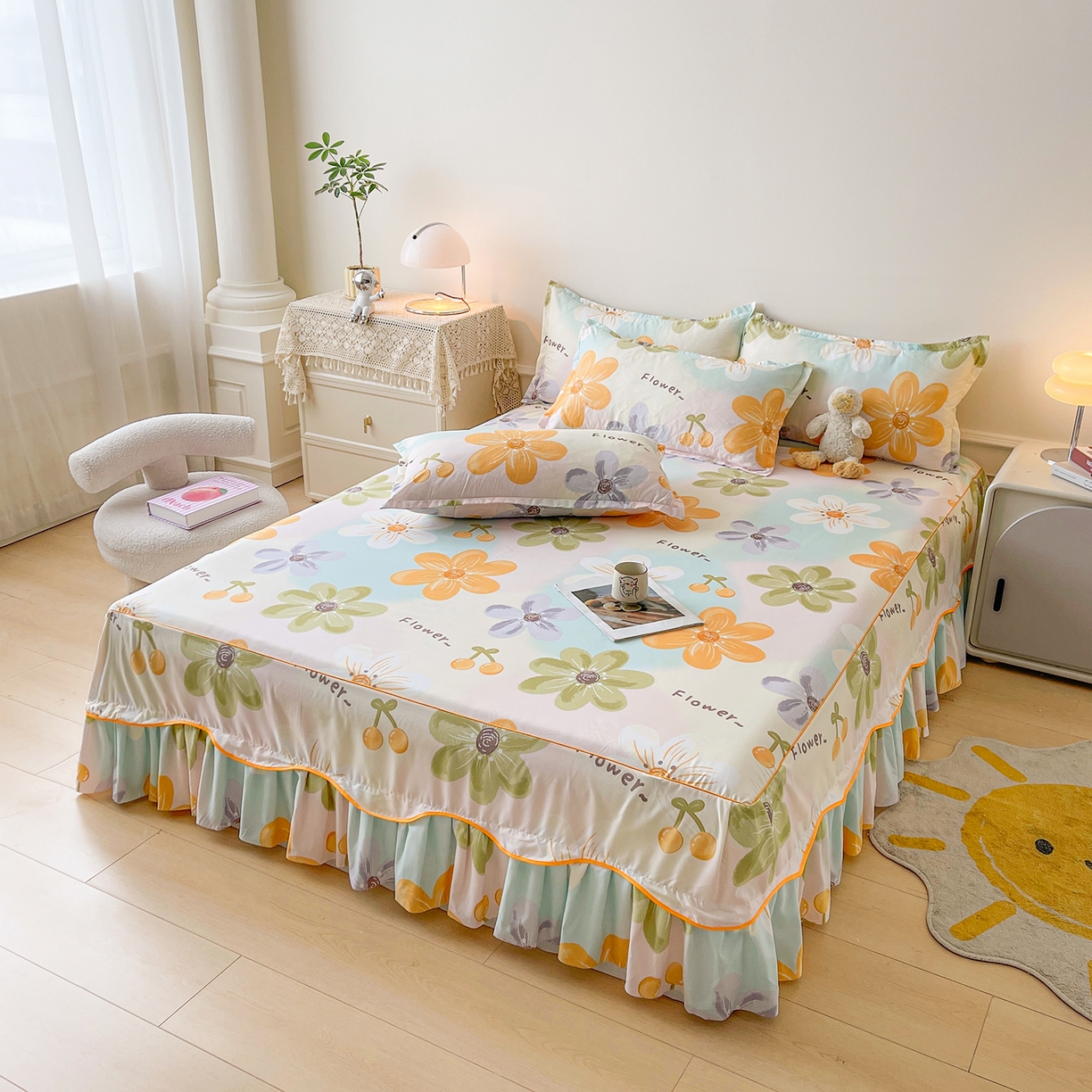 91家纺网 家纺一手货源 找家纺 笠裙家纺 2025新款磨毛S边韩版防滑床裙单床裙床裙单件 浅花