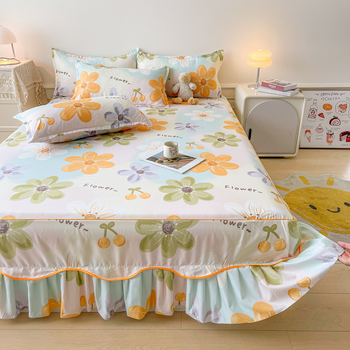 91家纺网 家纺一手货源 找家纺 笠裙家纺 2025新款磨毛S边韩版防滑床裙单床裙床裙单件 浅花