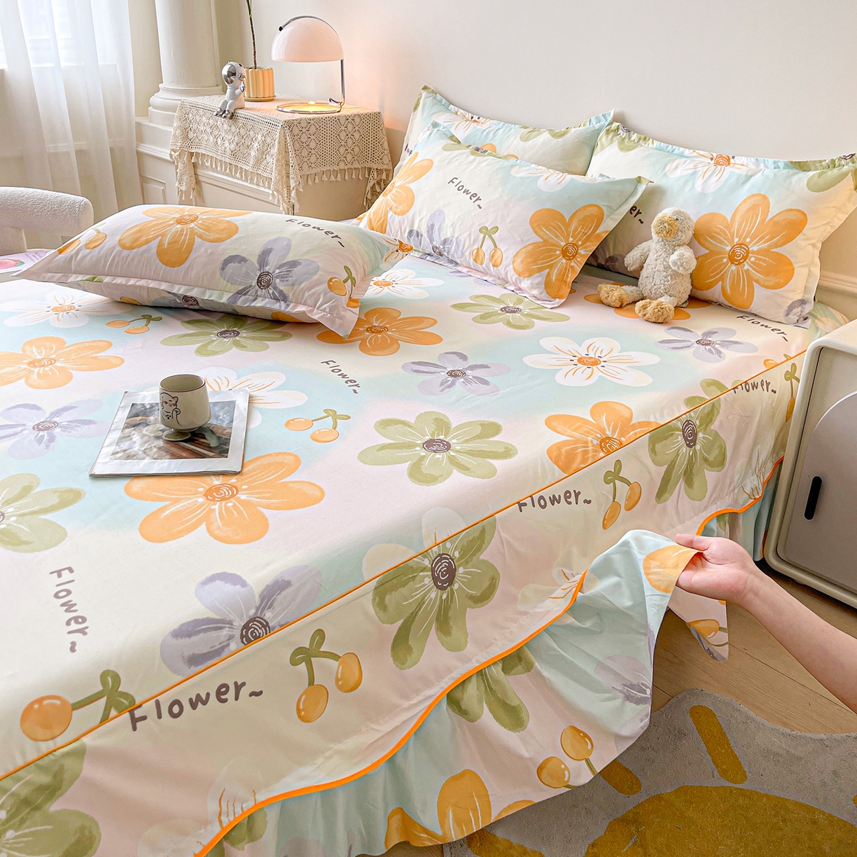 91家纺网 家纺一手货源 找家纺 笠裙家纺 2025新款磨毛S边韩版防滑床裙单床裙床裙单件 浅花