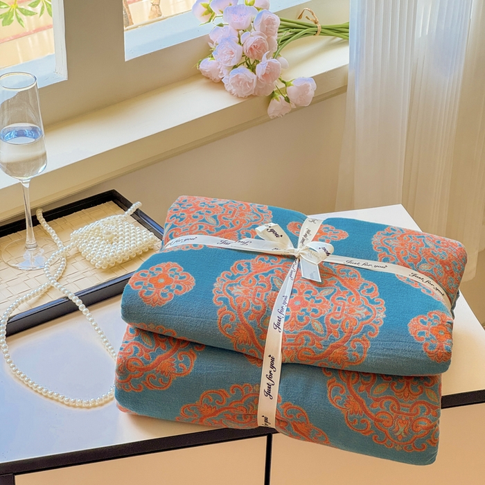 91家纺网 家纺一手货源 找家纺 江南春家纺【幻-暖纱】2025新款A类100%全棉色织提花双层纱四件套 【幻-暖纱】皇家风范-蓝桔