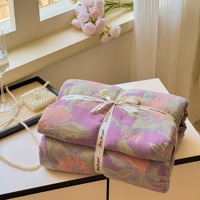 91家纺网 家纺一手货源 找家纺 江南春家纺【幻-暖纱】2025新款A类100%全棉色织提花双层纱四件套 【幻-暖纱】夕颜