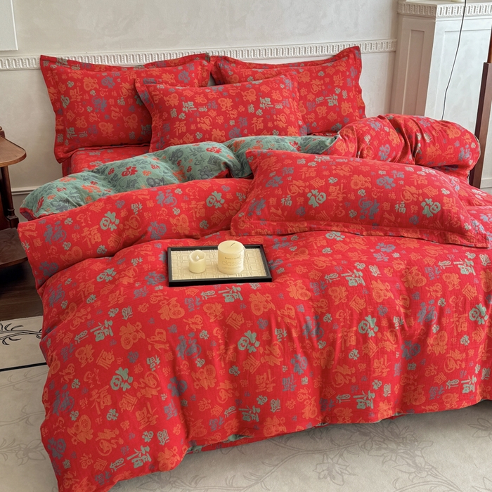 91家纺网 家纺一手货源 找家纺 江南春家纺【幻-暖纱】2025新款A类100%全棉色织提花双层纱四件套 【幻-暖纱】福王