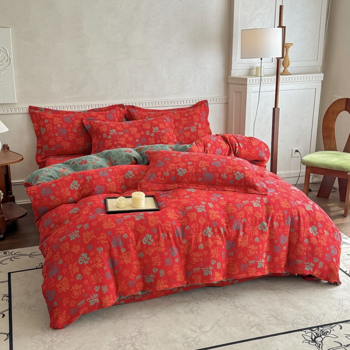 91家纺网 家纺一手货源 找家纺 江南春家纺【幻-暖纱】2025新款A类100%全棉色织提花双层纱四件套 【幻-暖纱】福王