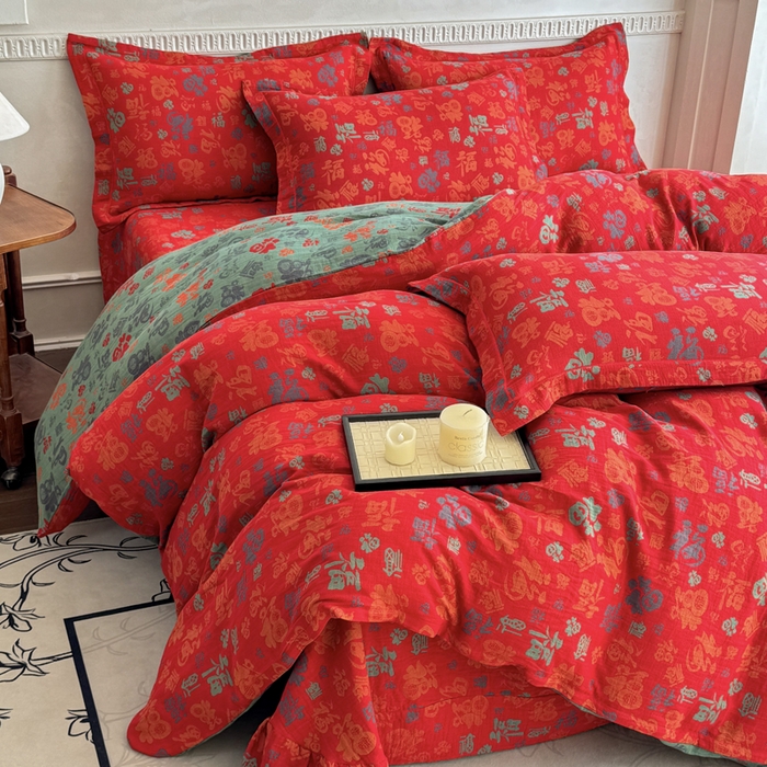 91家纺网 家纺一手货源 找家纺 江南春家纺【幻-暖纱】2025新款A类100%全棉色织提花双层纱四件套 【幻-暖纱】福王