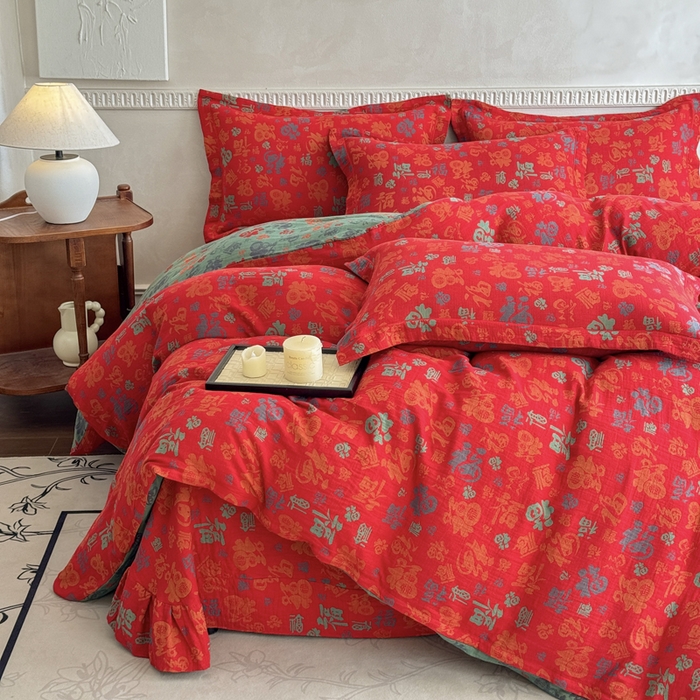 91家纺网 家纺一手货源 找家纺 江南春家纺【幻-暖纱】2025新款A类100%全棉色织提花双层纱四件套 【幻-暖纱】福王