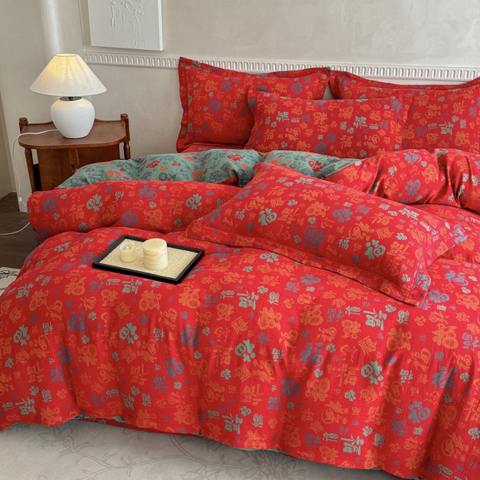 91家纺网 家纺一手货源 找家纺 江南春家纺【幻-暖纱】2025新款A类100%全棉色织提花双层纱四件套 【幻-暖纱】福王