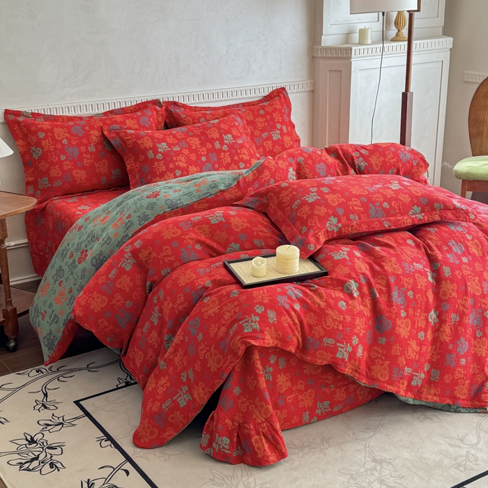 91家纺网 家纺一手货源 找家纺 江南春家纺【幻-暖纱】2025新款A类100%全棉色织提花双层纱四件套 【幻-暖纱】福王