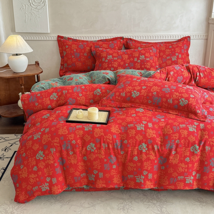 91家纺网 家纺一手货源 找家纺 江南春家纺【幻-暖纱】2025新款A类100%全棉色织提花双层纱四件套 【幻-暖纱】福王