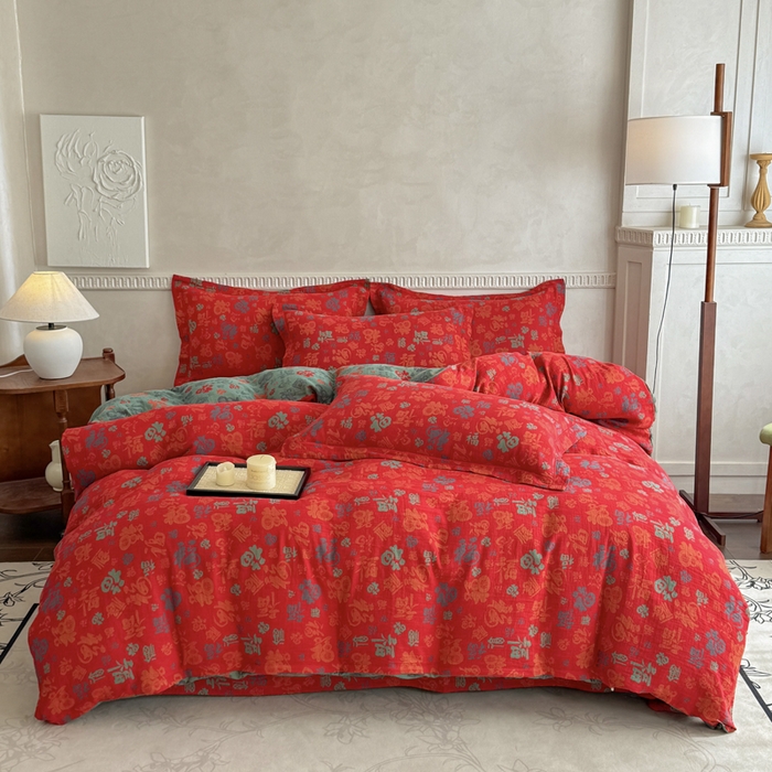 91家纺网 家纺一手货源 找家纺 江南春家纺【幻-暖纱】2025新款A类100%全棉色织提花双层纱四件套 【幻-暖纱】福王