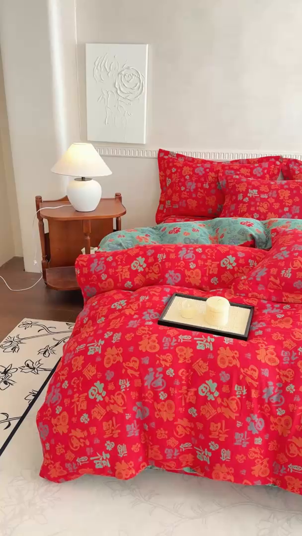 91家纺网 家纺一手货源 找家纺 江南春家纺【幻-暖纱】2025新款A类100%全棉色织提花双层纱四件套 【幻-暖纱】福王