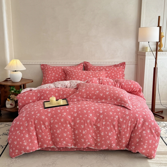 91家纺网 家纺一手货源 找家纺 江南春家纺【幻-暖纱】2025新款A类100%全棉色织提花双层纱四件套 【幻-暖纱】花间蝶舞-深粉