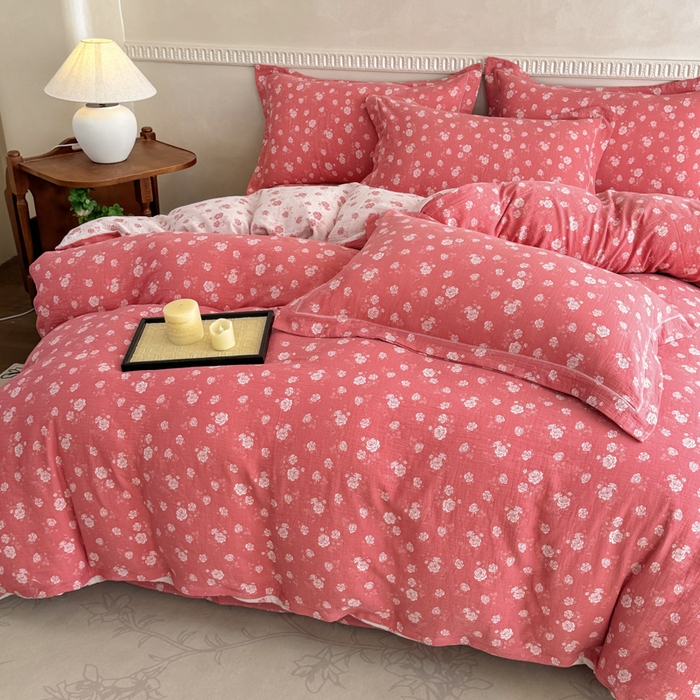 91家纺网 家纺一手货源 找家纺 江南春家纺【幻-暖纱】2025新款A类100%全棉色织提花双层纱四件套 【幻-暖纱】花间蝶舞-深粉