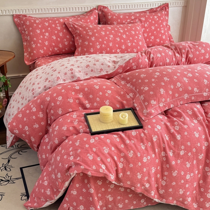 91家纺网 家纺一手货源 找家纺 江南春家纺【幻-暖纱】2025新款A类100%全棉色织提花双层纱四件套 【幻-暖纱】花间蝶舞-深粉