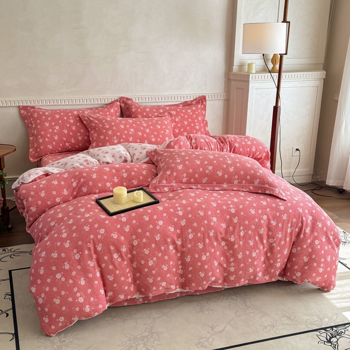 91家纺网 家纺一手货源 找家纺 江南春家纺【幻-暖纱】2025新款A类100%全棉色织提花双层纱四件套 【幻-暖纱】花间蝶舞-深粉