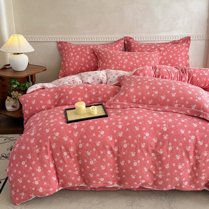 91家纺网 家纺一手货源 找家纺 江南春家纺【幻-暖纱】2025新款A类100%全棉色织提花双层纱四件套 【幻-暖纱】花间蝶舞-深粉