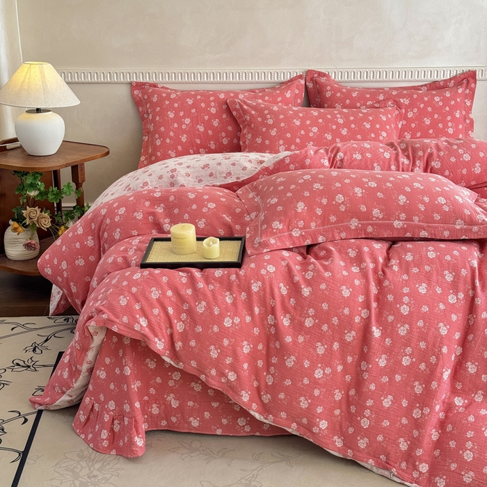 91家纺网 家纺一手货源 找家纺 江南春家纺【幻-暖纱】2025新款A类100%全棉色织提花双层纱四件套 【幻-暖纱】花间蝶舞-深粉