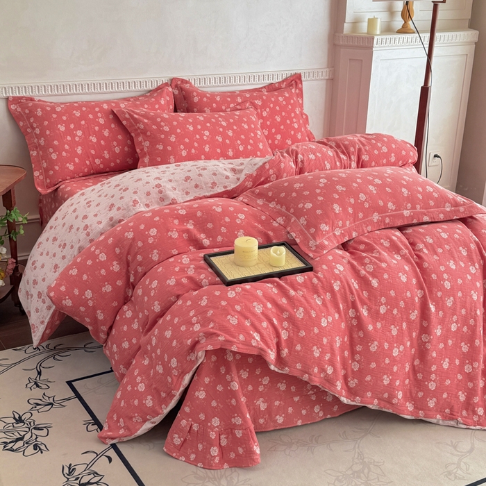 91家纺网 家纺一手货源 找家纺 江南春家纺【幻-暖纱】2025新款A类100%全棉色织提花双层纱四件套 【幻-暖纱】花间蝶舞-深粉